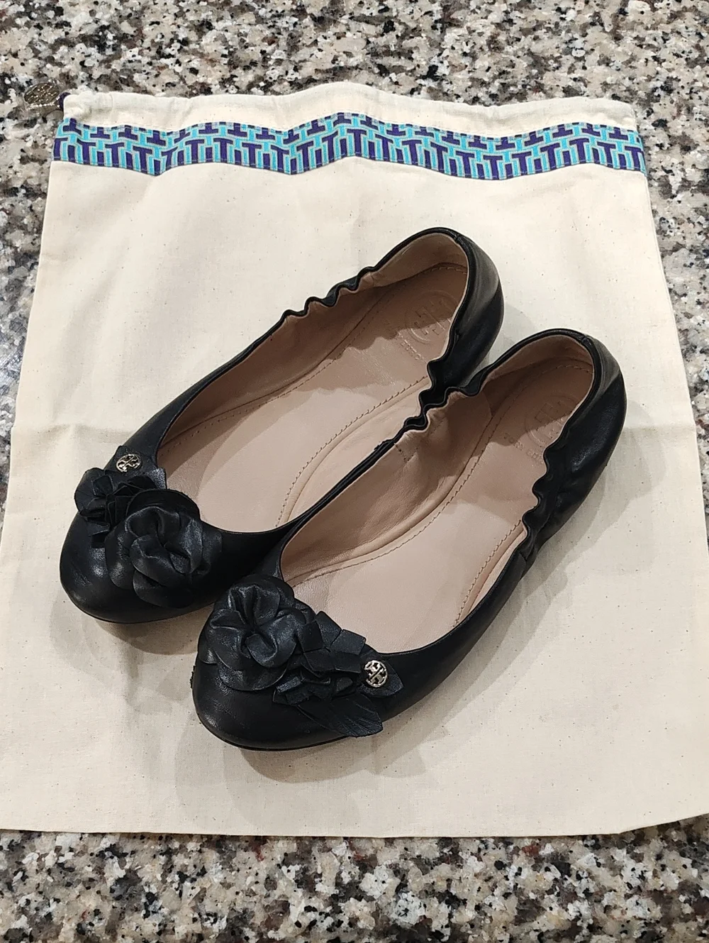 Tory Burch Black Leather Floral Ballet Flats